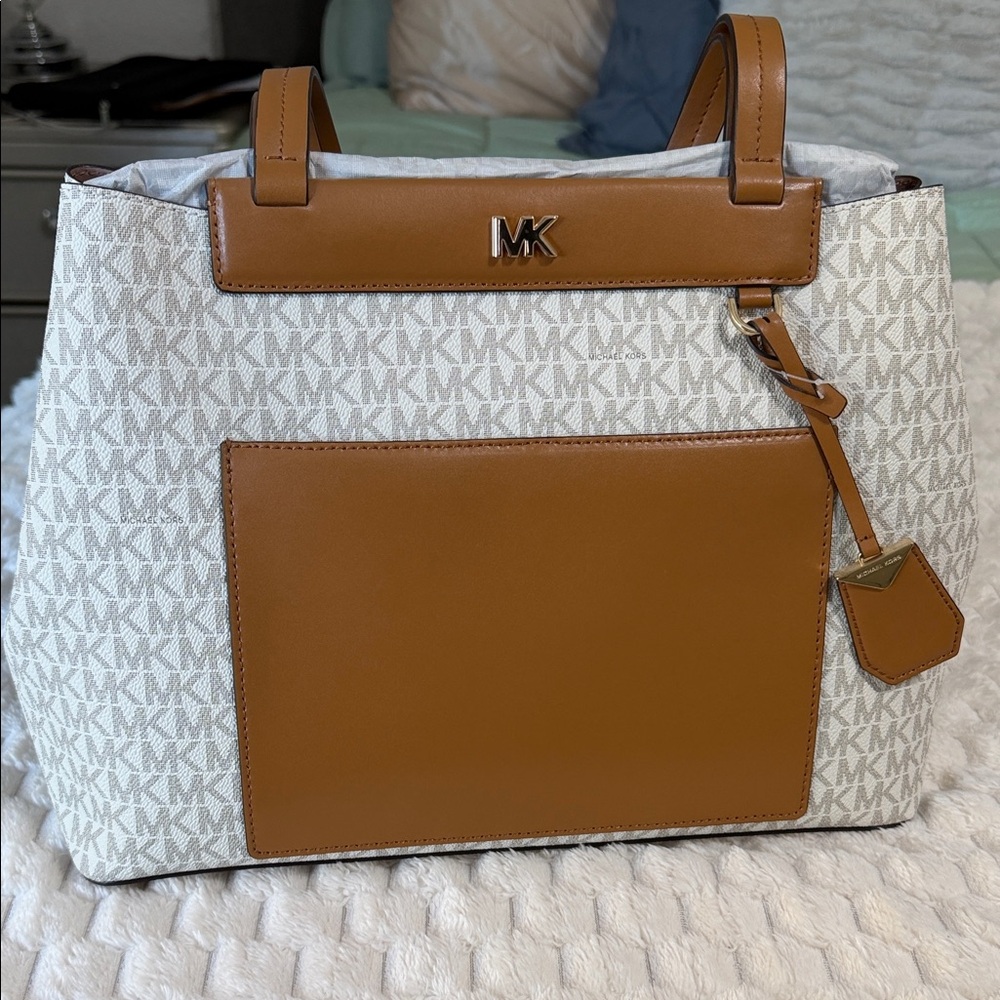 Michael Kors White and Tan MK Logo Tote with Front Pocket